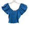 Mahila Size XS Blue Cotton Puff Shoulder Pleats Floral Embroideries Crop Top Blue / XS