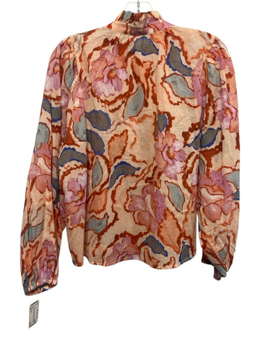 Suncoo Size 0 Pink, Orange, Blue Cotton Long Sleeve Abstract Floral Pintuck Top Pink, Orange, Blue / 0