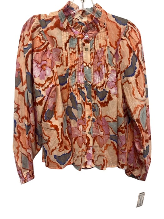 Suncoo Size 0 Pink, Orange, Blue Cotton Long Sleeve Abstract Floral Pintuck Top Pink, Orange, Blue / 0