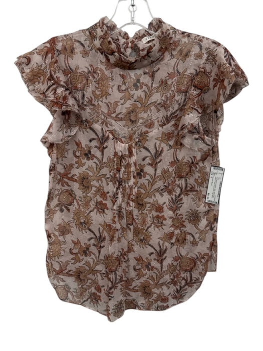Veronica Beard Size 0 Pink, Brown & Black Silk Flutter Cap sleeve Floral Top Pink, Brown & Black / 0