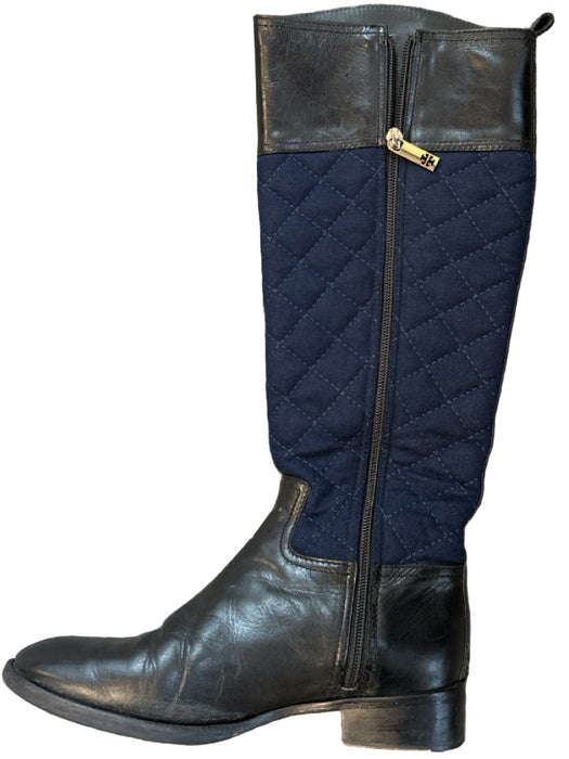 Tory Burch Shoe Size 7.5 Navy & Black Canvas & Leather Quilted Side Zip Boots