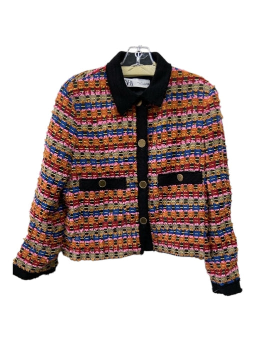 Zara Size L Black & Multi Polyester & Cotton Gold button tweed Collar Jacket Black & Multi / L