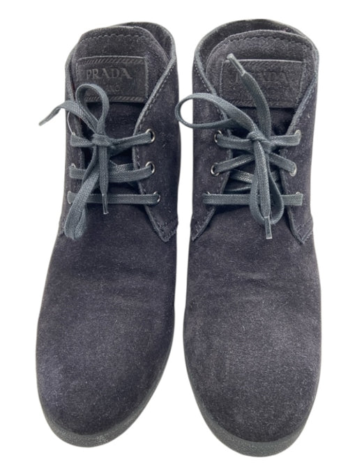 Prada Shoe Size 41.5 Black Suede Lace Up Wedge Ankle Booties Black / 41.5