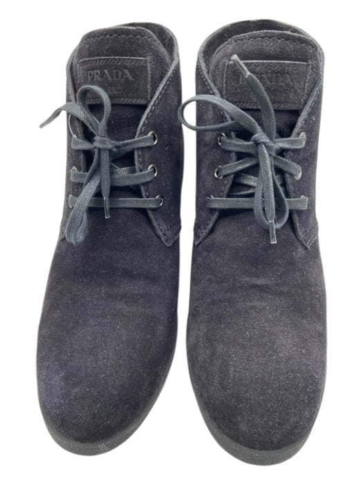 Prada Shoe Size 41.5 Black Suede Lace Up Wedge Ankle Booties Black / 41.5