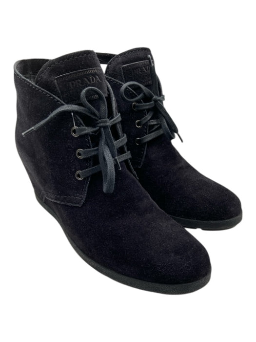 Prada Shoe Size 41.5 Black Suede Lace Up Wedge Ankle Booties Black / 41.5