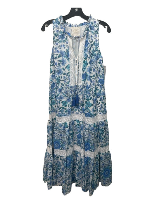 Johnny Was Size XS Blue & White Linen Floral Sleeveless Tiered Dress Blue & White / XS