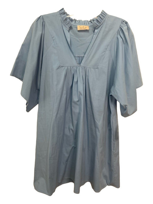 Sofia Size S Blue Cotton Blend Ruffle V Neck Short Sleeve Above knee Shift Dress Blue / S