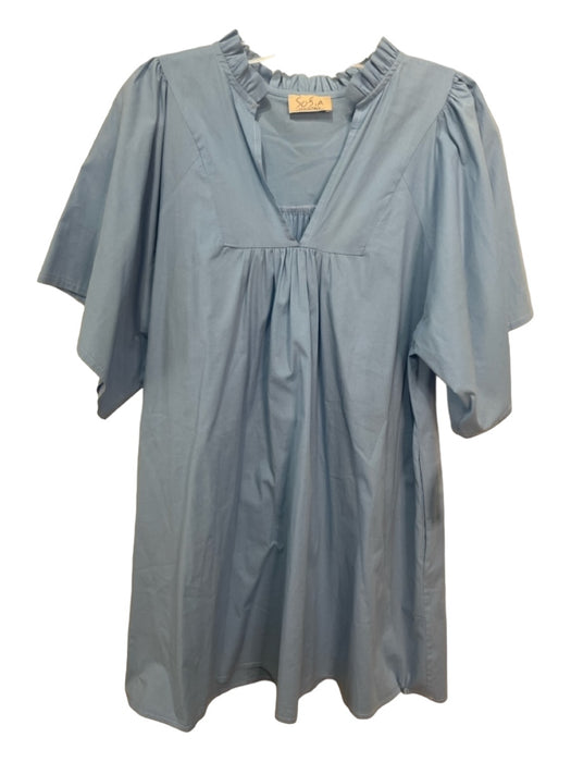 Sofia Size S Blue Cotton Blend Ruffle V Neck Short Sleeve Above knee Shift Dress Blue / S