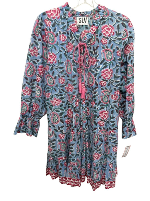 SLV Sur La Vague Size 6 Blue, Pink, Green Cotton Long Sleeve Pleated Dress Blue, Pink, Green / 6