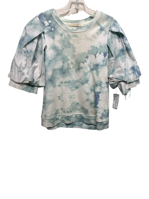 Marie Oliver Size Medium Blue & White Pima Cotton Short Puff Sleeve Tie Dye Top Blue & White / Medium