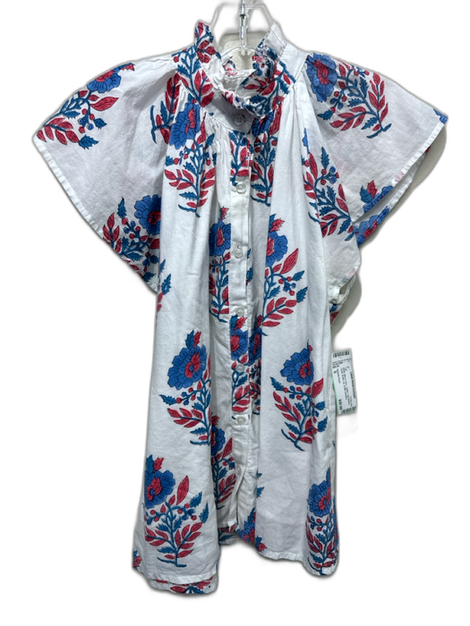 Victoria Dunn Size S White, Blue & Red Cotton Cap Sleeve Floral Button Up Top White, Blue & Red / S