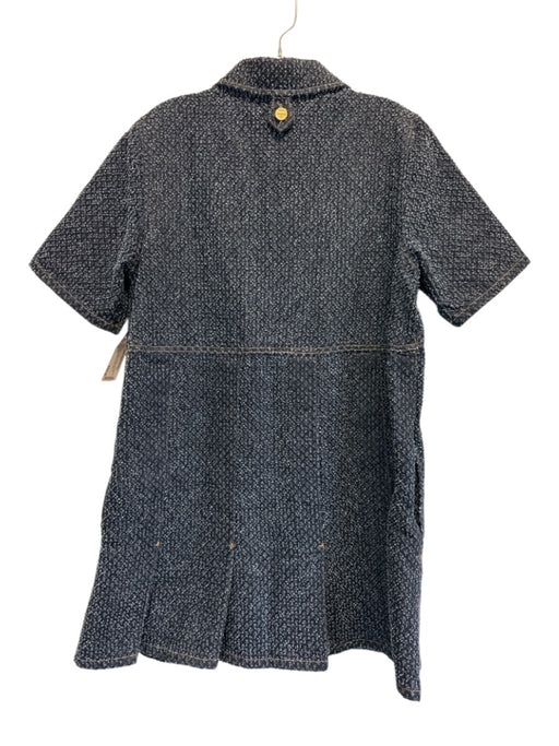 Ganni Size 38 Dark Wash Cotton Denim Textured Short Sleeve Pleated Hem Dress Dark Wash / 38