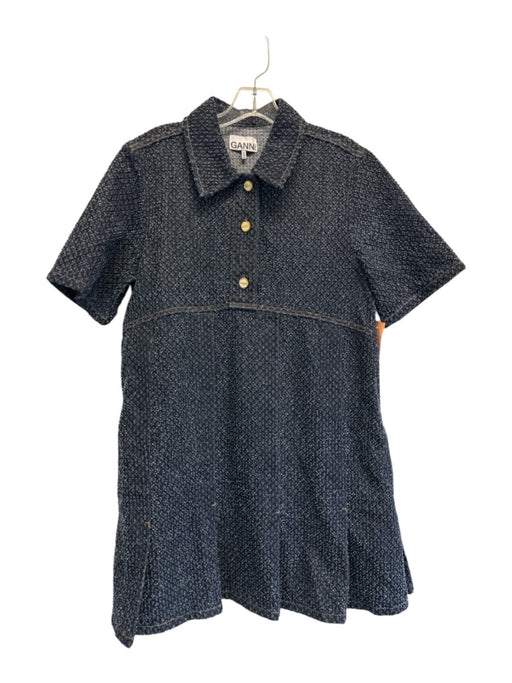 Ganni Size 38 Dark Wash Cotton Denim Textured Short Sleeve Pleated Hem Dress Dark Wash / 38