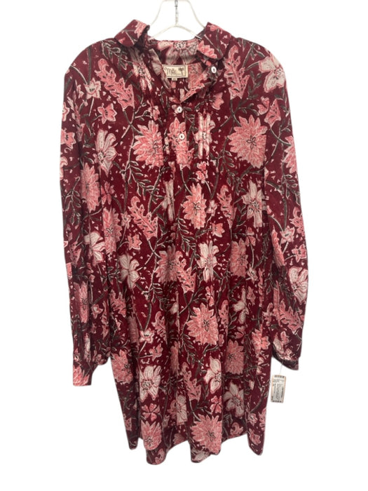 Mille Resort & Travel Size XS Red, Pink & Taupe Cotton Floral Collared Dress Red, Pink & Taupe / XS