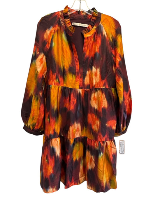 Marie Oliver Size XS Red & Orange Silk Abstract Floral Long Balloon Sleeve Dress Red & Orange / XS
