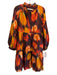 Marie Oliver Size XS Red & Orange Silk Abstract Floral Long Balloon Sleeve Dress Red & Orange / XS