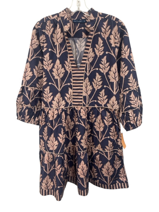La Plage Size S Blue & Beige Cotton Botanical Print 3/4 Balloon Sleeve Dress Blue & Beige / S
