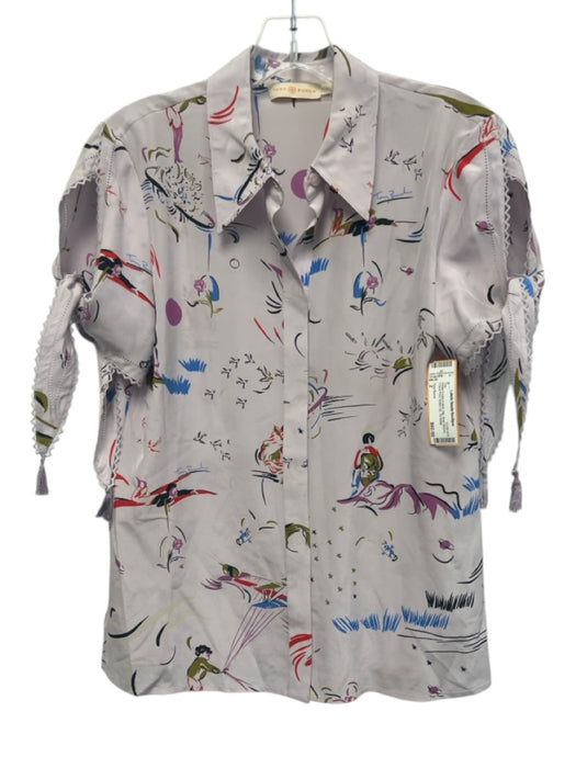Tory Burch Size 2 Pastel Purple & Multi Silk Short Sleeve Travel Print Top Pastel Purple & Multi / 2