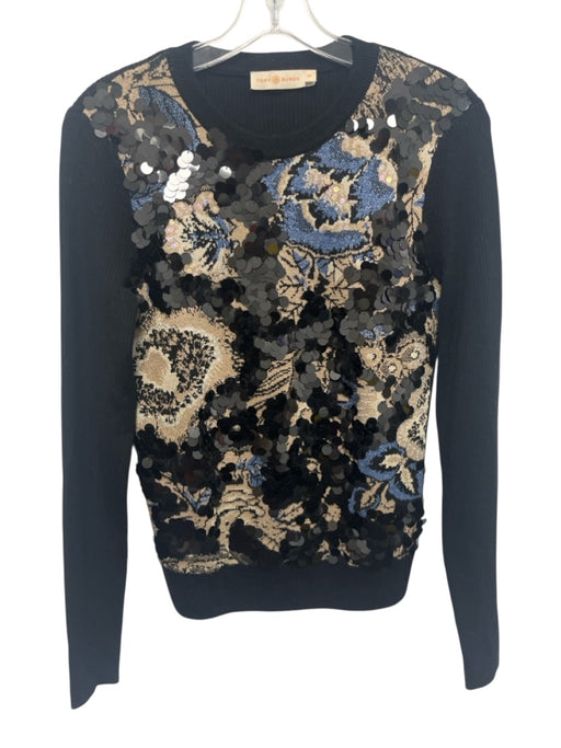 Tory Burch Size S Black, Beige & Blue Wool Blend Paillettes Long Sleeve Sweater Black, Beige & Blue / S