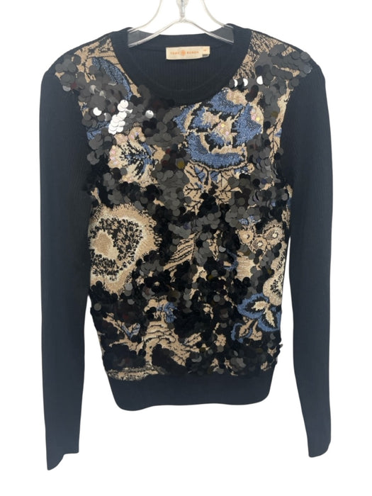Tory Burch Size S Black, Beige & Blue Wool Blend Paillettes Long Sleeve Sweater Black, Beige & Blue / S