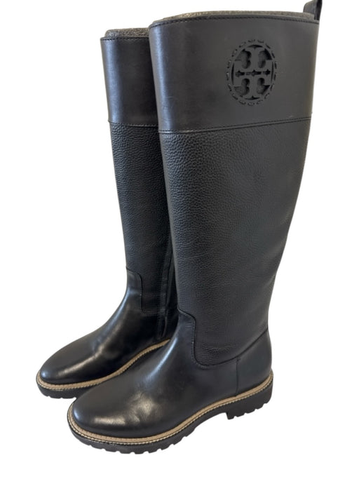 Tory Burch Shoe Size 8 Black Leather Upper Logo Side Zip Lug Sole Boots Black / 8