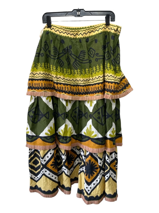 Farm Rio Size XL Green Multi Linen Blend Straw Fringe Abstract Tiered Midi Skirt Green Multi / XL