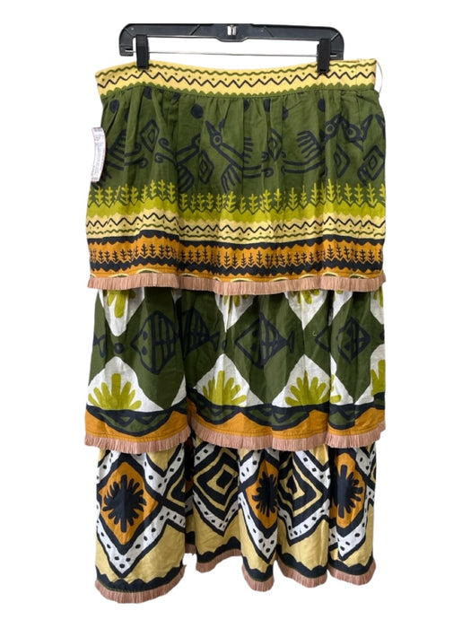 Farm Rio Size XL Green Multi Linen Blend Straw Fringe Abstract Tiered Midi Skirt Green Multi / XL