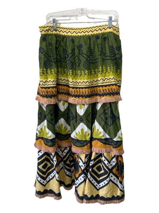 Farm Rio Size L Green Multi Linen Blend Straw Fringe Abstract Tiered Midi Skirt Green Multi / L