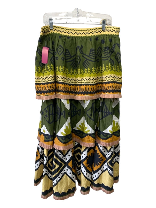 Farm Rio Size L Green Multi Linen Blend Straw Fringe Abstract Tiered Midi Skirt Green Multi / L