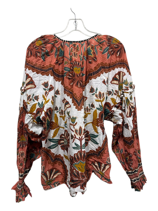 Farm Rio Size XL White, Orange, Teal, Rust Cotton Floral Long Sleeve Blouse Top White, Orange, Teal, Rust / XL