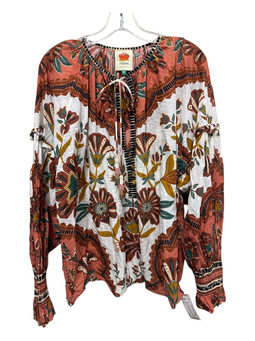 Farm Rio Size XL White, Orange, Teal, Rust Cotton Floral Long Sleeve Blouse Top White, Orange, Teal, Rust / XL