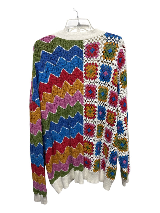Farm Rio Size Large Blue, Red, Multi Cotton Knit Buttons Crochet Cardigan Blue, Red, Multi / Large
