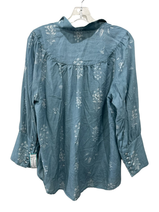 Tuckernuck Size XL Teal & Beige Linen & Cotton Flowers Wide Long Sleeve Top Teal & Beige / XL