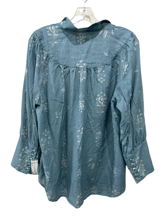Tuckernuck Size XL Teal & Beige Linen & Cotton Flowers Wide Long Sleeve Top Teal & Beige / XL
