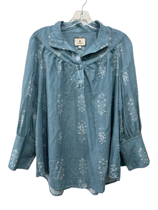 Tuckernuck Size XL Teal & Beige Linen & Cotton Flowers Wide Long Sleeve Top Teal & Beige / XL