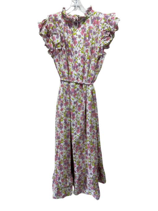 Victoria Dunn Size L White, Purple & Green Cotton Floral Pleat Detail Dress White, Purple & Green / L