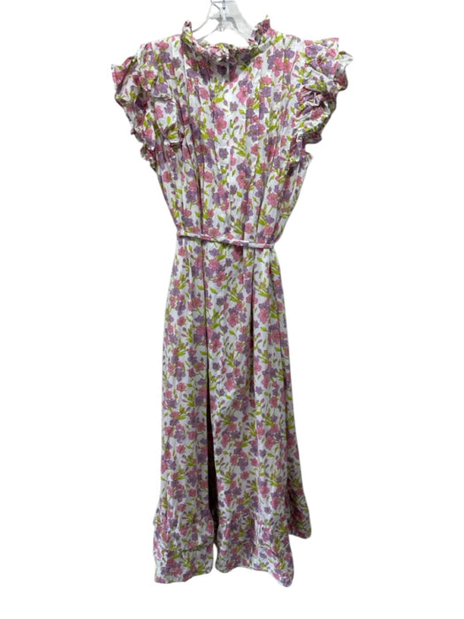 Victoria Dunn Size L White, Purple & Green Cotton Floral Pleat Detail Dress White, Purple & Green / L