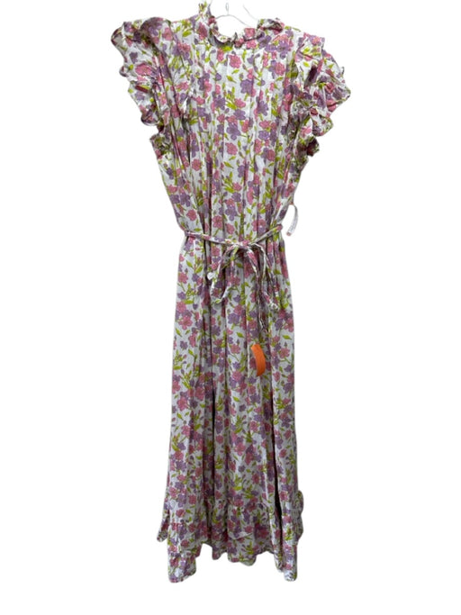 Victoria Dunn Size L White, Purple & Green Cotton Floral Pleat Detail Dress White, Purple & Green / L