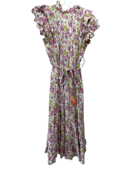 Victoria Dunn Size L White, Purple & Green Cotton Floral Pleat Detail Dress White, Purple & Green / L