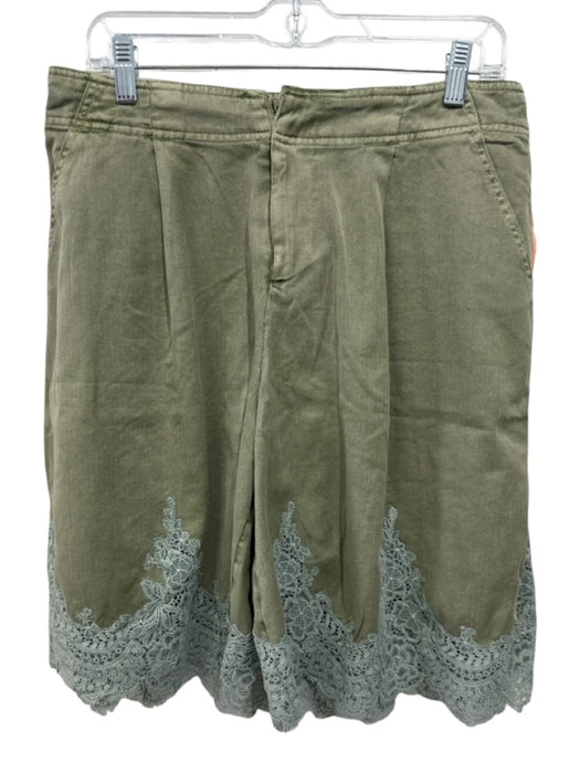 Anthropologie Size 8 Khaki Green Cotton Floral Lace Detail High Waist Shorts Khaki Green / 8