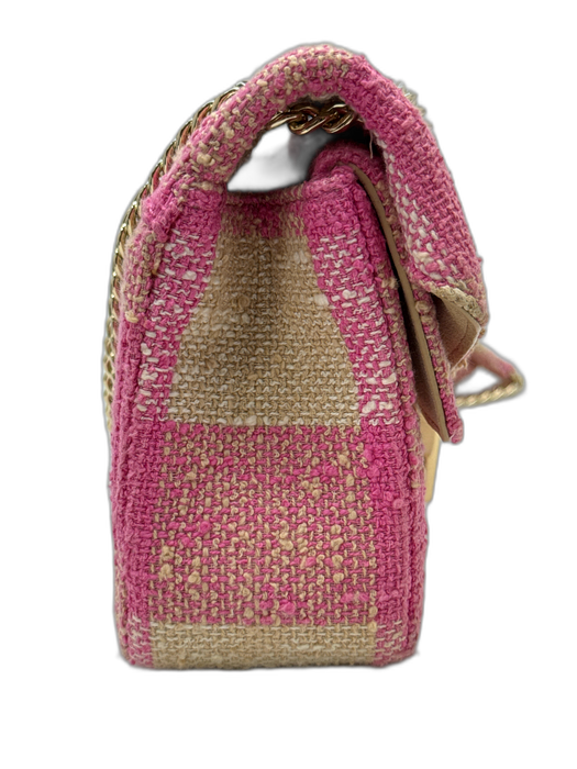 Sandro Pink & Yellow Cotton Blend Leather Lining Plaid Flap Gold Hardware Bag Pink & Yellow / Small