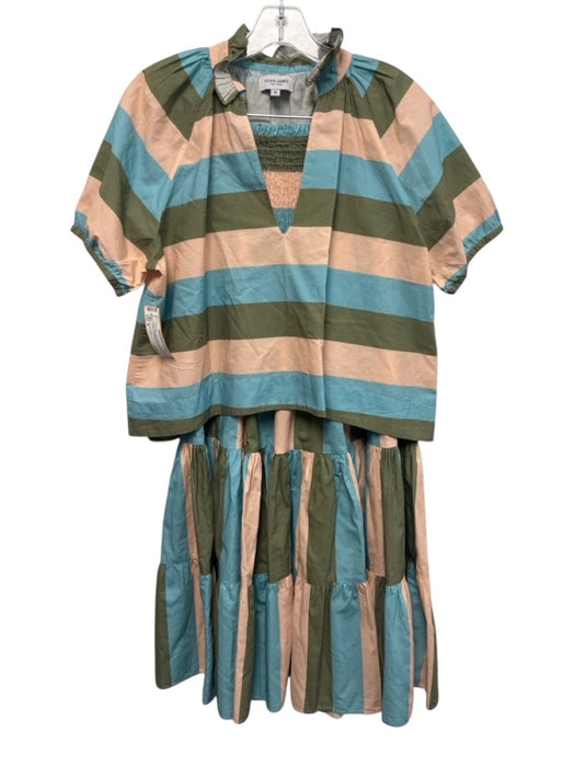 Olivia James Size M Green, Pink, Blue Cotton Stripe Short Sleeve Maxi Skirt Set Green, Pink, Blue / M