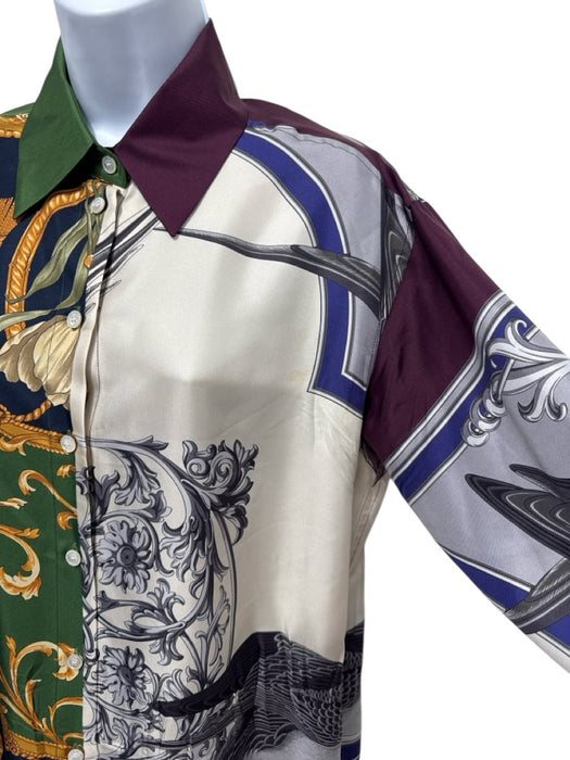 Salvatore Ferragamo Size 42 Cream, Purple, Multi Silk Patchwork Baroque Dress Cream, Purple, Multi / 42