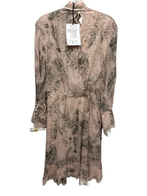 Zara Size S beige pink & black Viscose Abstract Floral Long Sleeve Dress beige pink & black / S