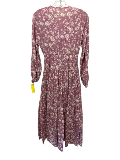 Free People Size S Mauve & White Cotton Button Front Floral Print V Neck Dress Mauve & White / S