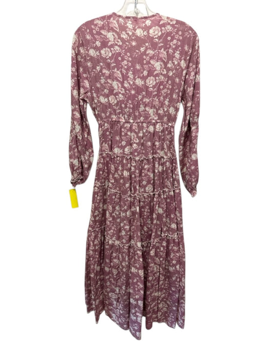 Free People Size S Mauve & White Cotton Button Front Floral Print V Neck Dress Mauve & White / S