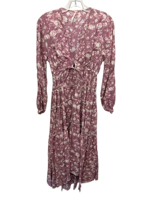 Free People Size S Mauve & White Cotton Button Front Floral Print V Neck Dress Mauve & White / S