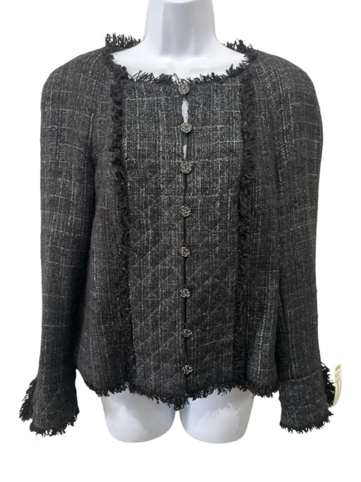 Chanel Size 42 Black Cotton Blend Tweed Fringe Button Front CC Logo Blazer Black / 42