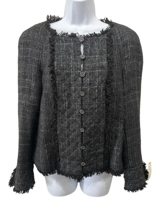 Chanel Size 42 Black Cotton Blend Tweed Fringe Button Front CC Logo Blazer Black / 42