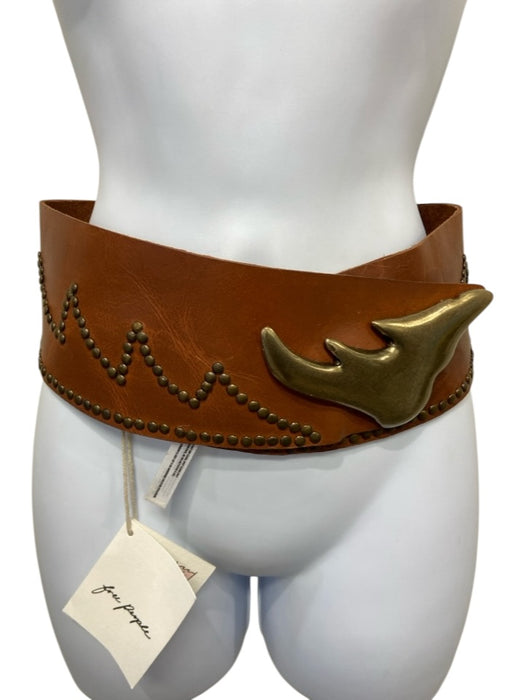 Free People Brown Leather Studded Gold Tone Hardware Belts Brown / S/M